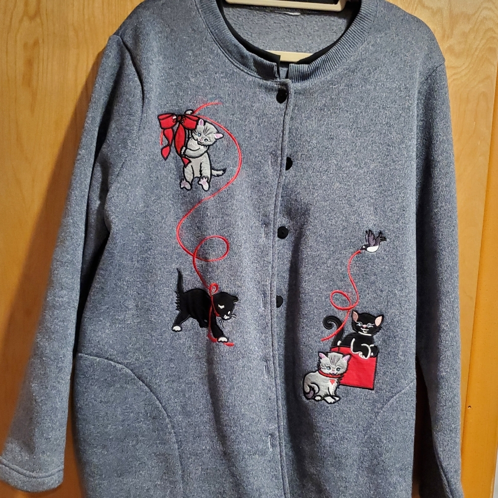 Vintage Blair gray cat sweater with button front and black accents XL